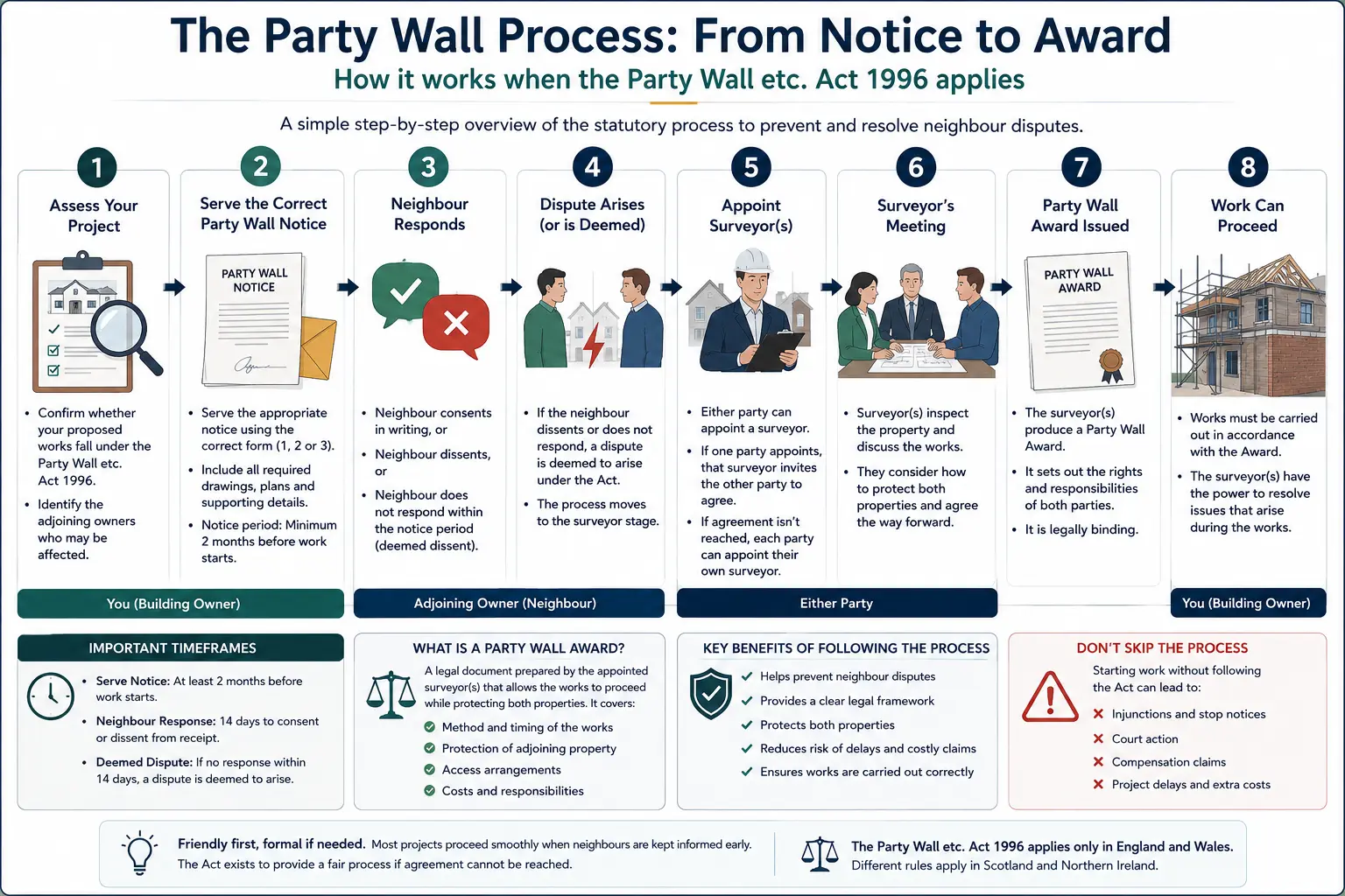Do I Need a Party Wall Agreement? An infographic showing the party wall process from notice to award in a very interactive way for the citizens living in York, UK