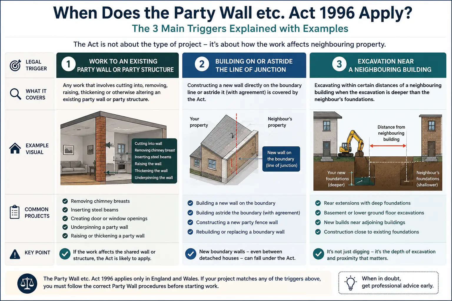 Do I Need a Party Wall Agreement? An infographic showing when does the party wall etc act 1996 apply like excavation, junction, painting, in York, UK